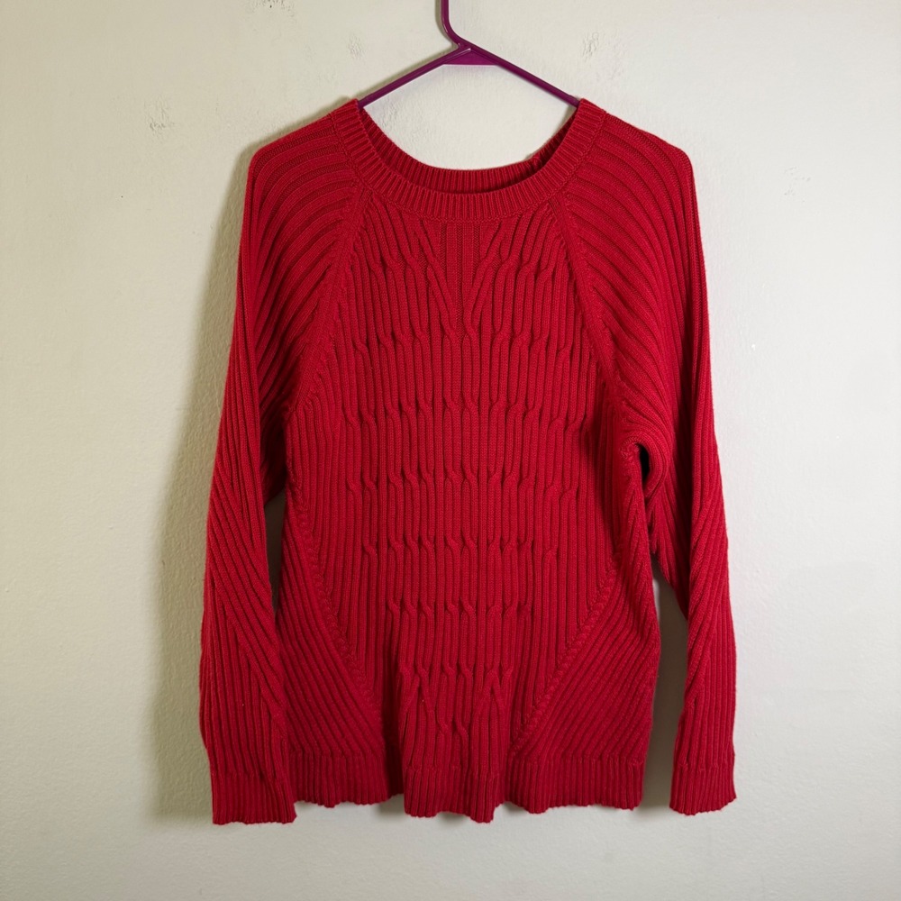 J. Jill Womens Red Cable Knit Crew Neck Raglan Sleeve Cotton Blend Sweater M